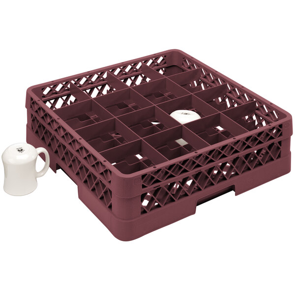 A Vollrath burgundy cup rack with 16 compartments holding white cups.