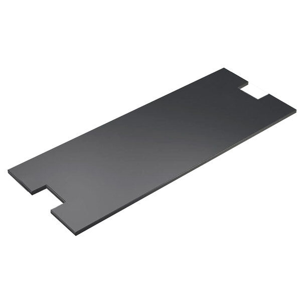 A black rectangular bamboo shelf with a white label.