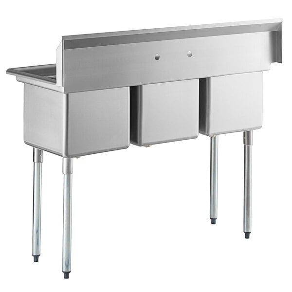 A Regency stainless steel three compartment sink with galvanized steel legs.