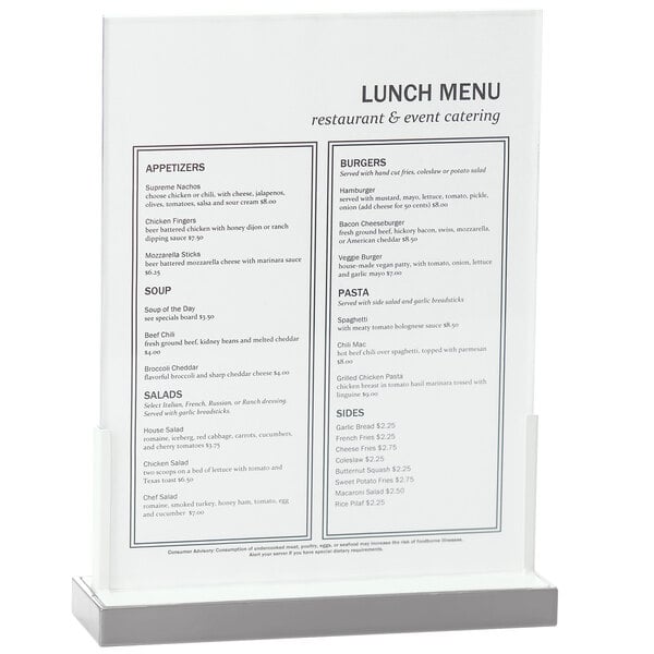 A white Cal-Mil menu holder on a stainless steel base holding a menu.