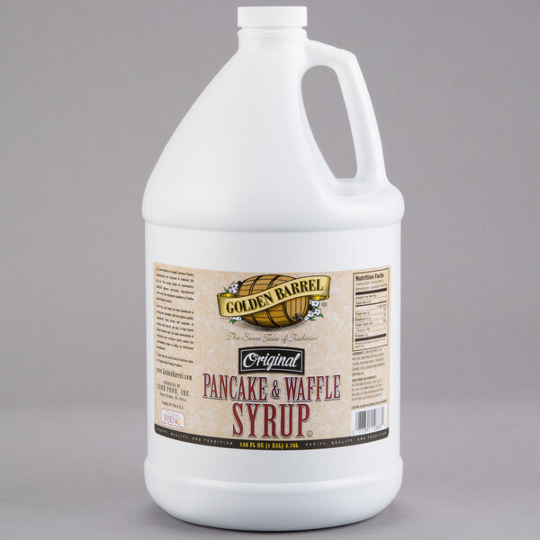 A white Golden Barrel jug of pancake syrup.