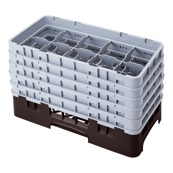 A brown and gray plastic glass rack with 10 compartments and 5 extenders.