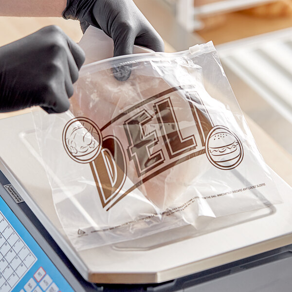 A person in black gloves using a Printed Plastic Deli Saddle Bag to package food.