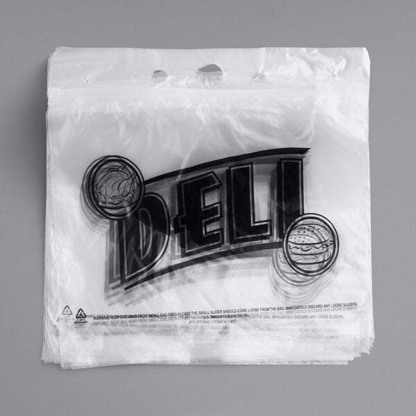 A white plastic deli saddle bag with a logo on it.