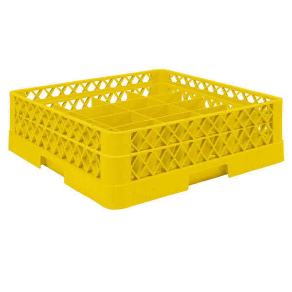 A Vollrath yellow plastic cup rack with 20 compartments and an open rack extender on top.