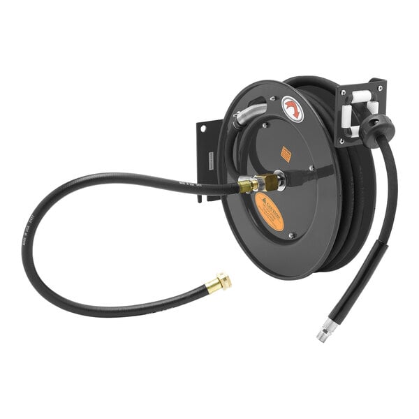 a black hose reel with a black hose attached