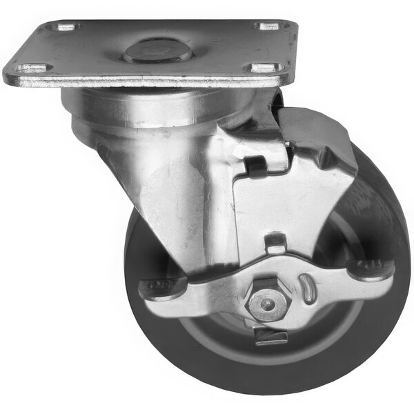 A black metal AllPoints swivel plate caster with a black rubber wheel.