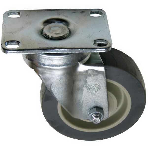 A metal and black swivel plate caster wheel.