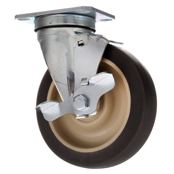 A metal plate swivel castor with a metal wheel and black rubber base.