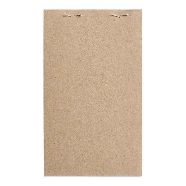 A blank, rectangular, brown guest check pad with a plain cover and visible staples at the top.