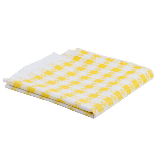 A folded yellow and white checkered Intedge vinyl table cover.
