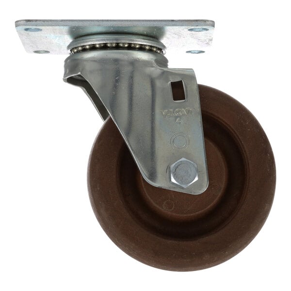 A close-up of an AllPoints high temperature plate caster wheel with a metal plate.