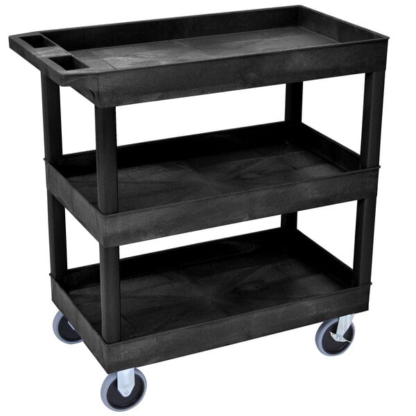 A black plastic Luxor utility cart with three shelves and wheels.