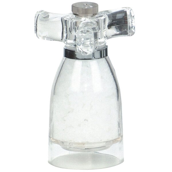 A clear acrylic salt mill with a metal spinner.
