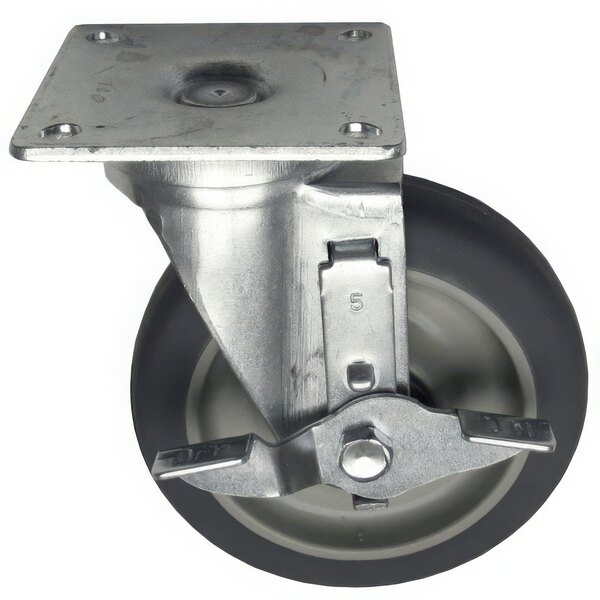 A metal swivel plate caster with a black rubber wheel.