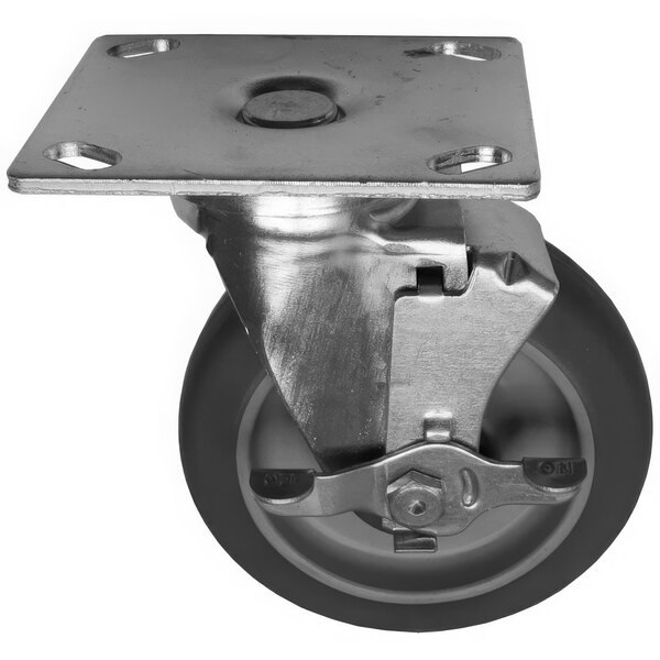 A black metal swivel plate caster with a metal wheel and black rubber tire.