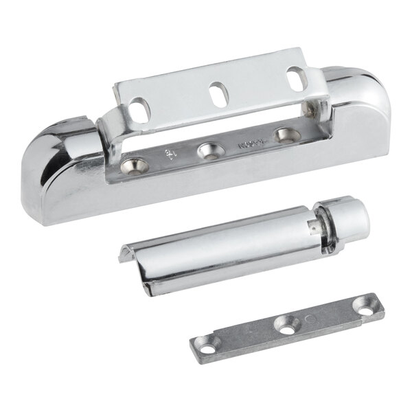 A close-up of a Kason spring-assisted metal door hinge with two holes on a chrome steel mount.