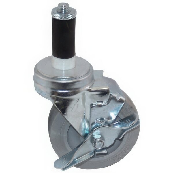 A metal wheel with a black rubber handle on a white background.