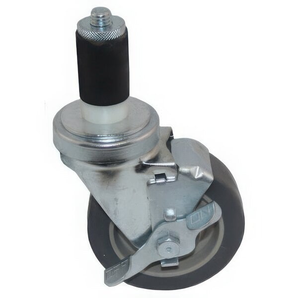 A metal and black swivel stem caster for tubing.