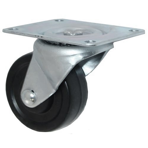 A metal and black swivel plate caster wheel.