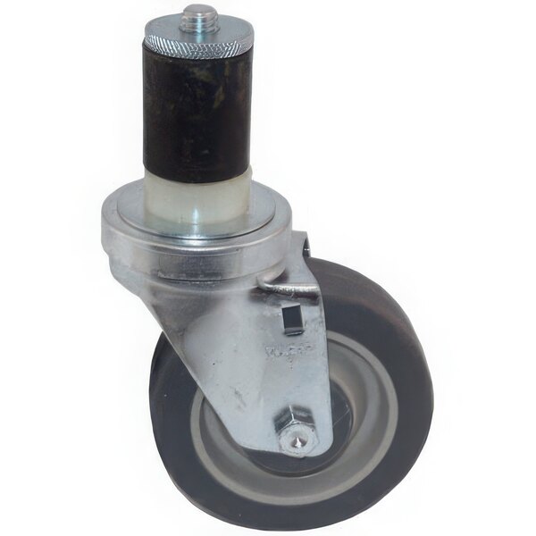 A black and white wheel with a metal cylinder.