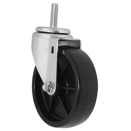 A black stem caster with a metal threaded stem and a black and silver wheel.