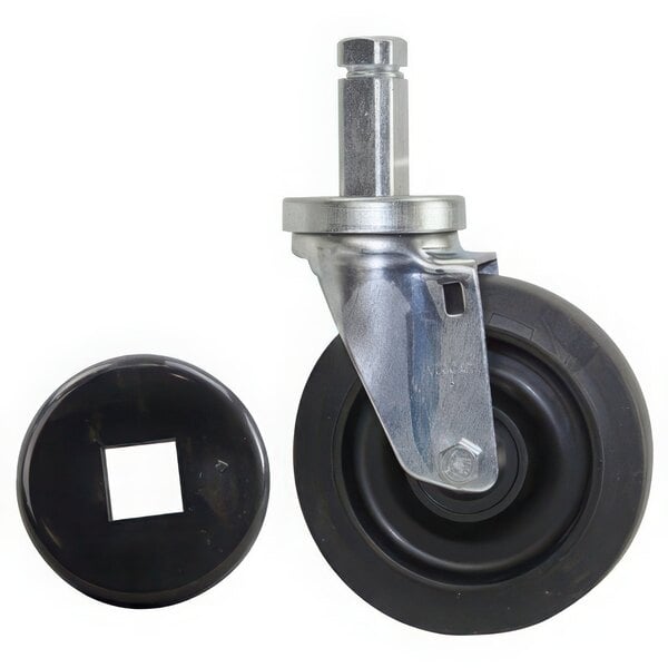 A black metal AllPoints swivel stem caster with a metal wheel and a square post attachment.