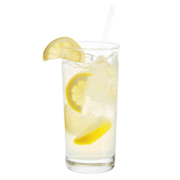 A customizable Arcoroc cooler glass of lemonade with ice and a lemon slice.