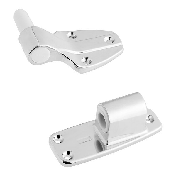 Two Kason silver metal reversible cam lift door hinges for refrigeration equipment with flush offset.