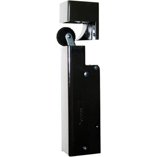 A black metal rectangular hydraulic door closer with a wheel on it.