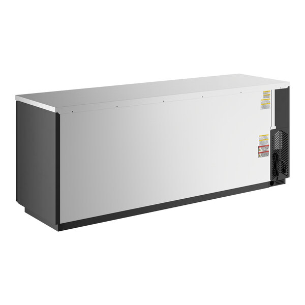 A large black and stainless steel counter height glass door back bar refrigerator.