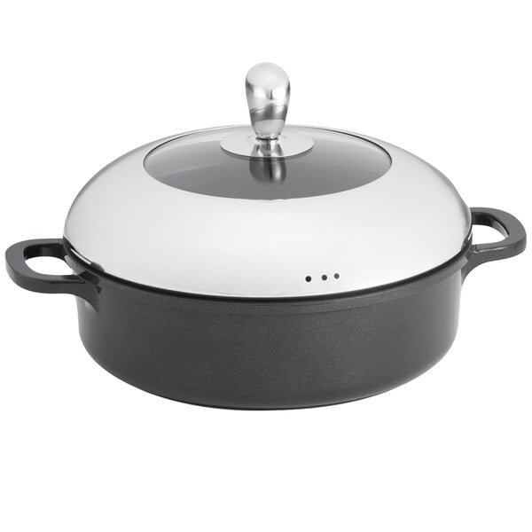 A black and silver Tablecraft CaterWare round die-cast induction ready sauce pan/casserole with a lid.