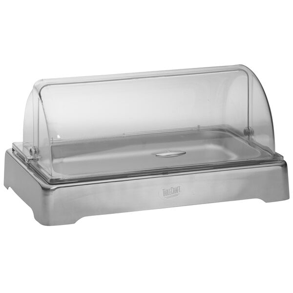 A Tablecraft CaterWare clear glass container with a lid on a counter in a salad bar.