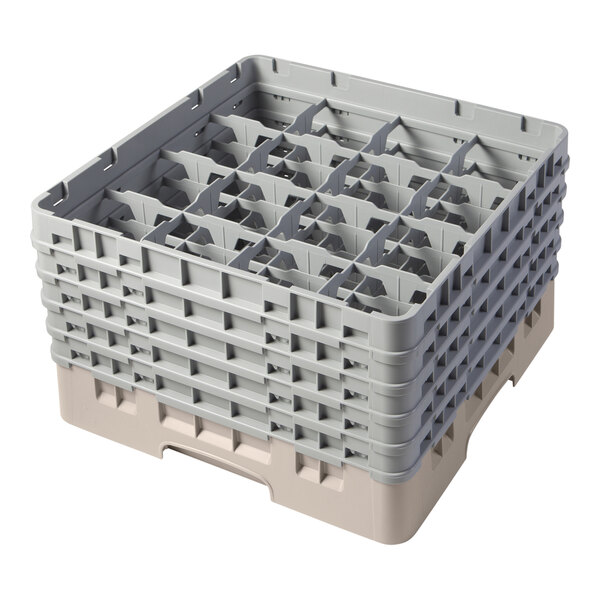 A beige plastic glass rack with 16 compartments and 5 extenders for dishwashing or storage.