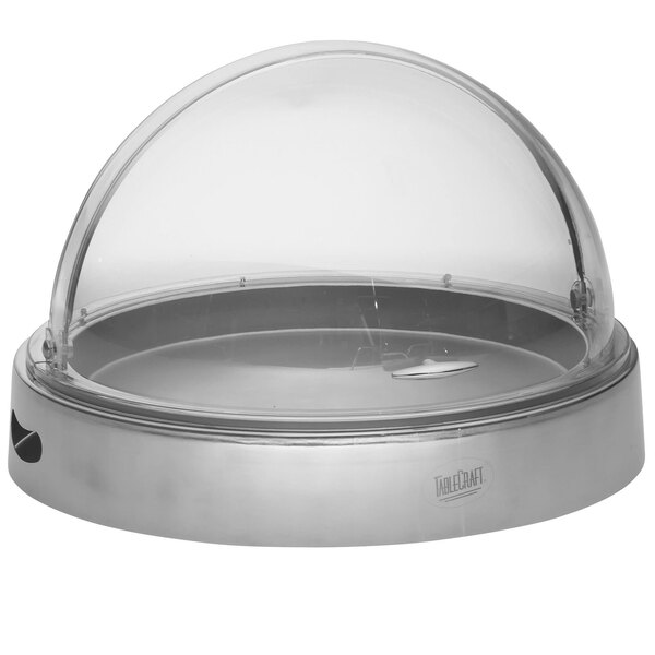 A clear glass dome with a silver base on a Tablecraft CaterWare cold server.