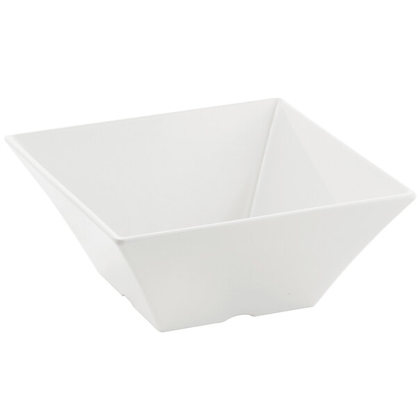 A white square Tablecraft melamine bowl with a lid.