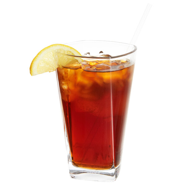 A glass of iced tea with a lemon slice in an Arcoroc cooler glass.