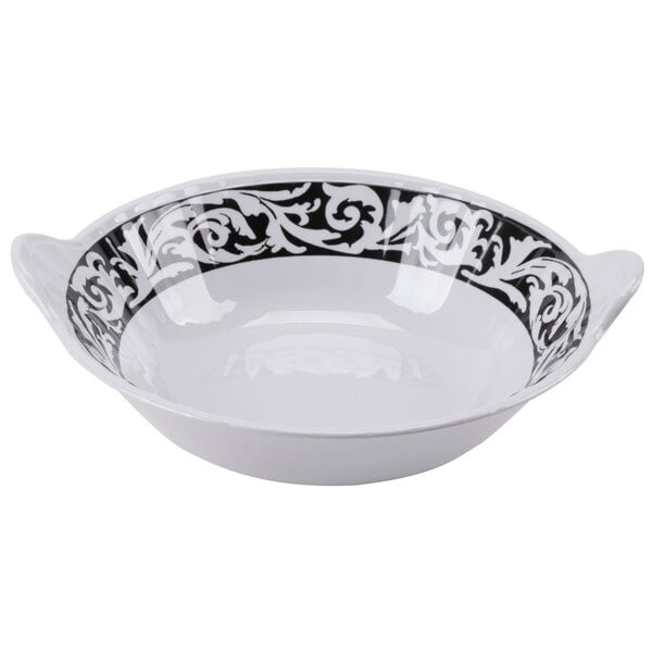 A white melamine bowl with black trim and a decorative design.