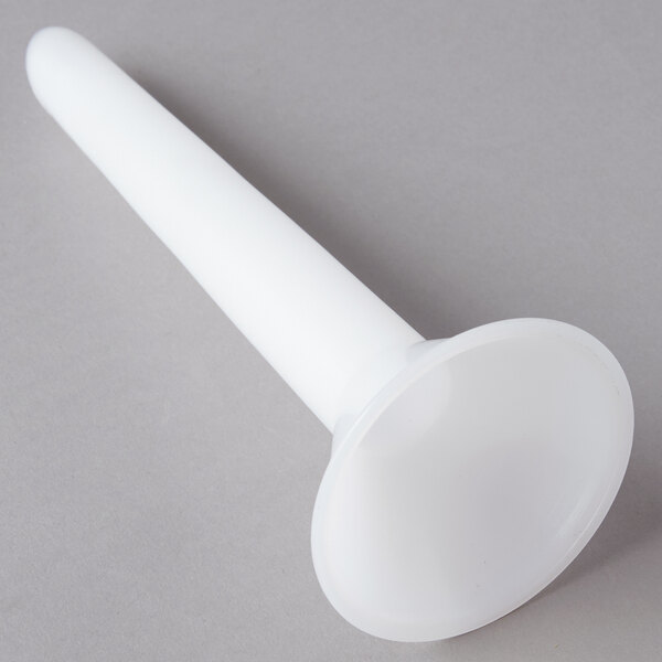 A white plastic cylindrical sausage stuffer tube for a Vollrath meat grinder.