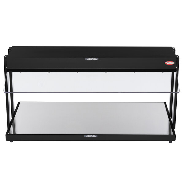 A black Hatco countertop buffet warmer with glass shelves.