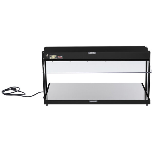 A black rectangular Hatco buffet warmer with a wire shelf and glass top.