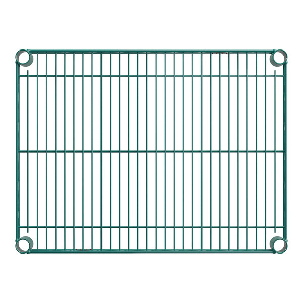 A rectangular green wire shelf with a grid pattern and round openings at each corner.