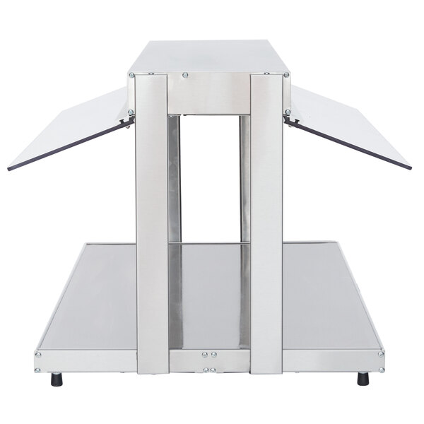 A silver metal shelf with glass shelves.