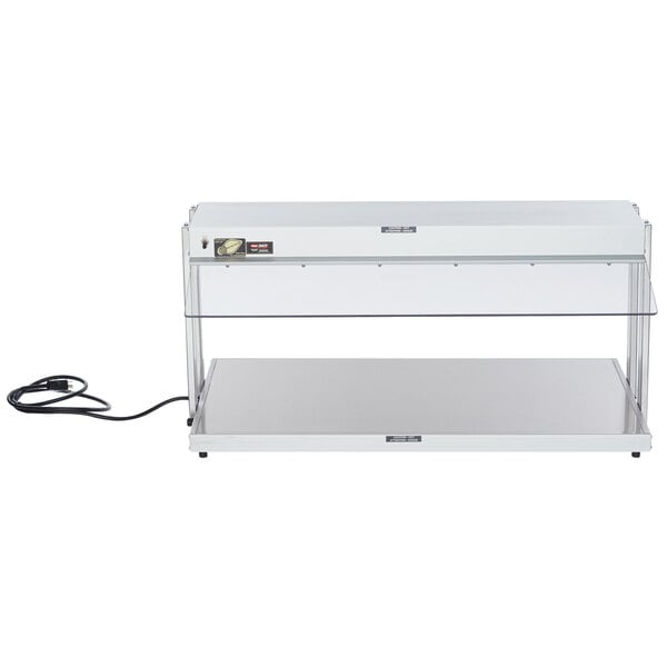 A white rectangular Hatco buffet warmer with a glass top and a black cord.