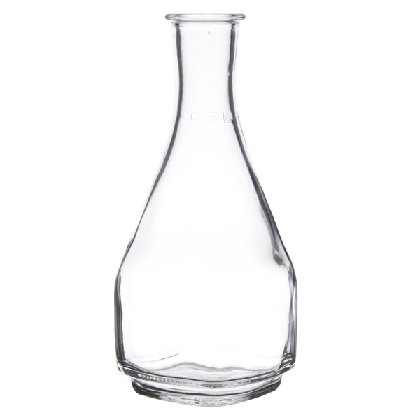 An Arcoroc clear glass carafe with a neck.