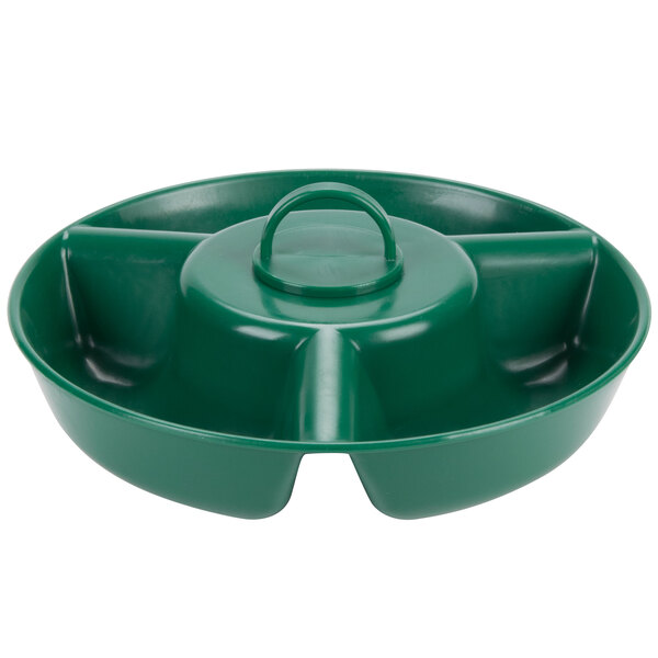 A green plastic tray with a round handle and a green plastic container with a round handle.