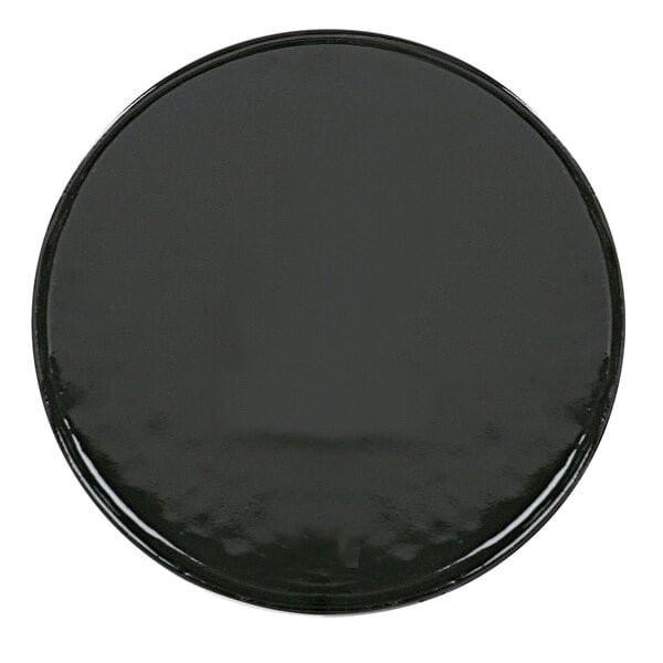 A black circle with a white background.