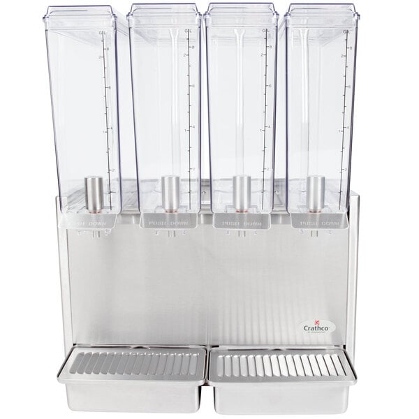 A stainless steel Crathco refrigerated beverage dispenser with four clear containers.