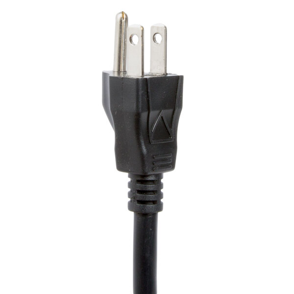 A close-up of a black power cord plug with two prongs.