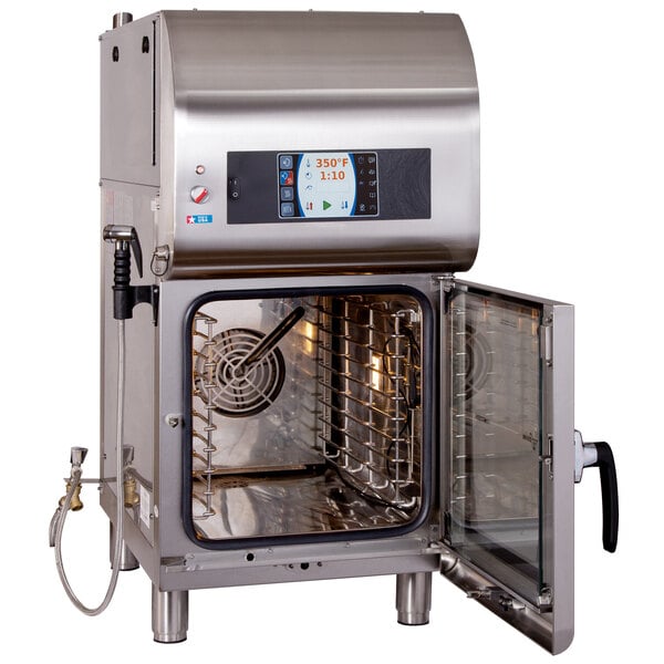 A large stainless steel Alto-Shaam Combi Oven with a door open.